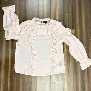 Sheer Pink size S Ruffle Mock Neck Blouse Top Long Sleeve Balloon Sleeves Cuff